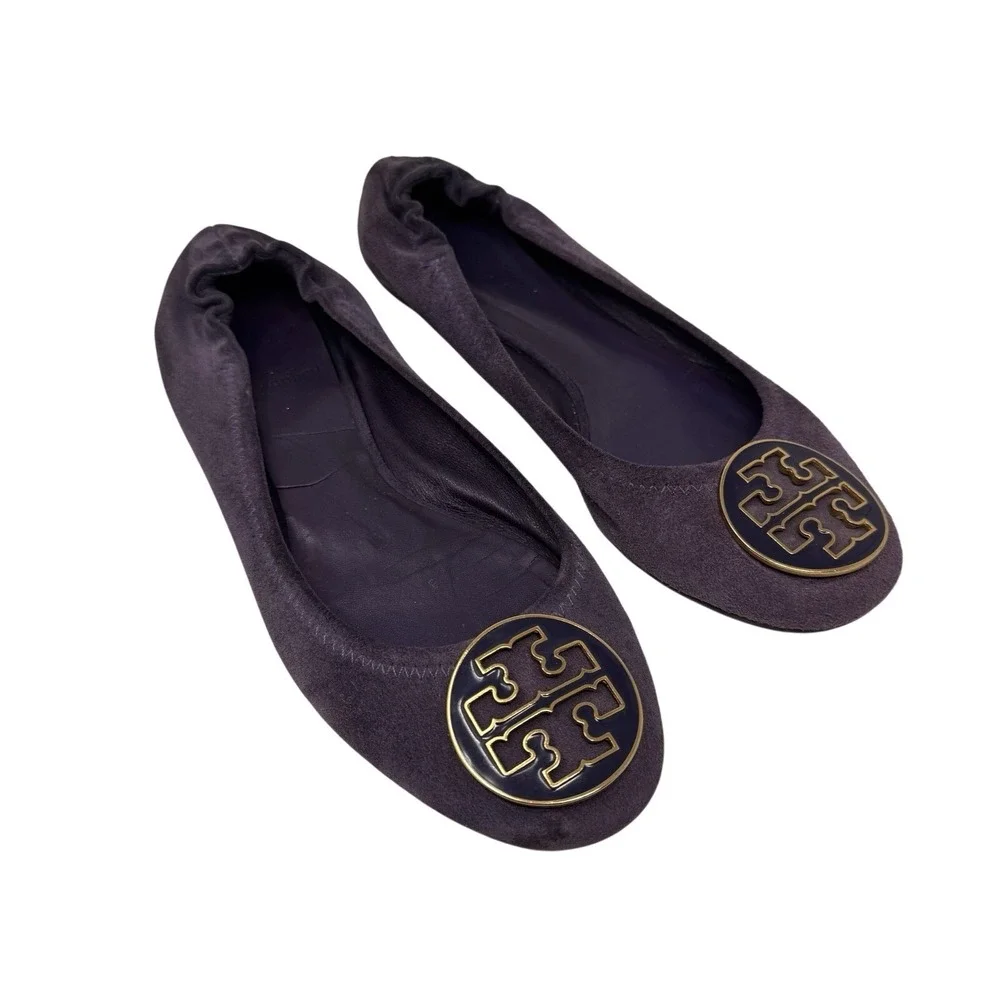 Tory Burch Ballet Flats Women 7 Purple Suede Reva Logo Medallion Slip On Shoes